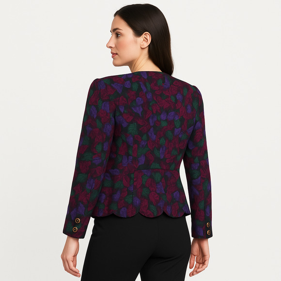 Dariya Womens Purple Pink Leaf Elegant Vintage 80s Fitted Blazer Size Medium - Picture 2 of 10